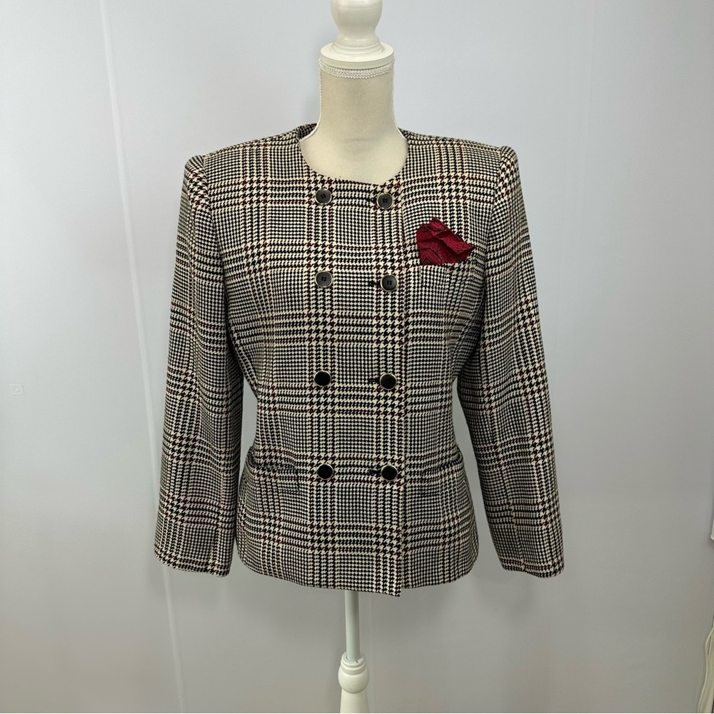 Kasper For ASL Black Houndstooth Blazer Jacket Size 12 Wool Blend Lined Padded